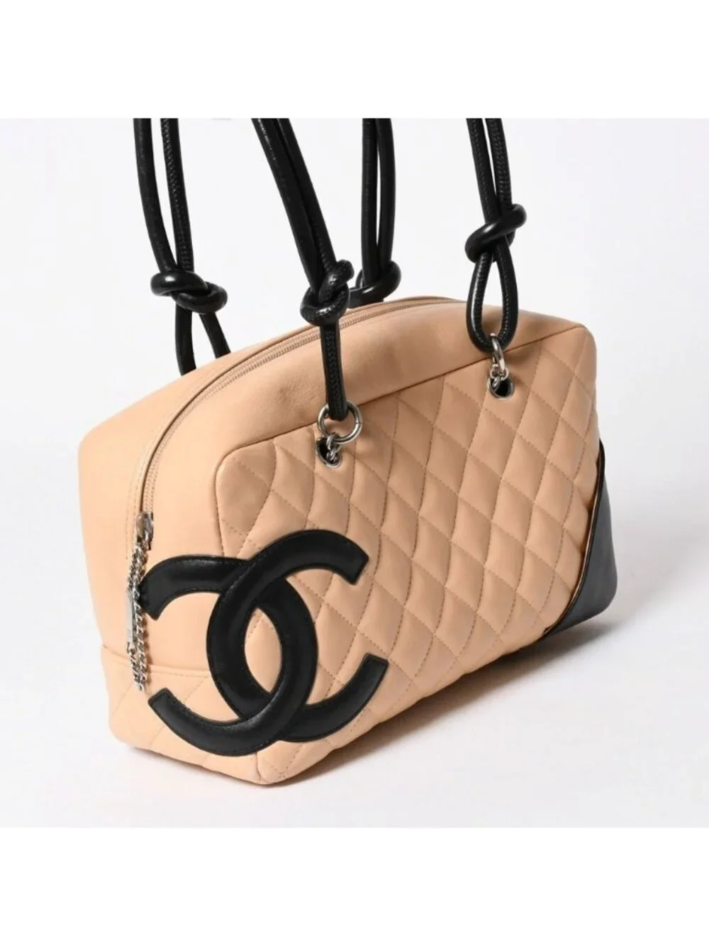 Chanel Cambon Line Bowling Bag Lambskin Beige Black CC Logo Silver